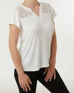 T-Shirt mit Spitzeneinsatz Janina, Y-Ausschnitt-KiK Onlineshop Cheap